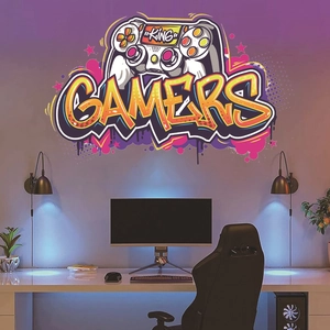 Adesivo murale graffiti controller da gioco con testo Gamers King per sala gamer