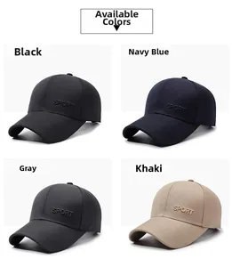Close-up of sport baseball caps in black, navy, grey, and khaki with 3D embroidery