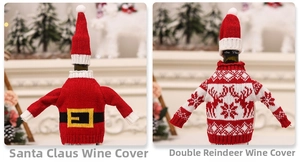 Detail of knitted Christmas wine bottle covers with Santa belt and reindeer patterns