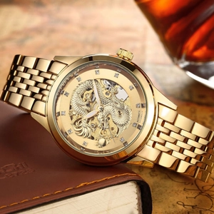 Montre dragon mécanique automatique dorée avec bracelet de luxe en acier inoxydable sur cuir