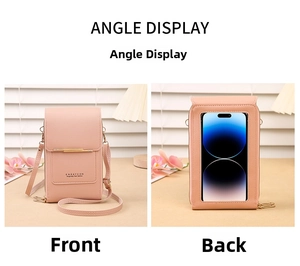 Detail view of pink crossbody phone bag with transparent touch screen window and gold trim