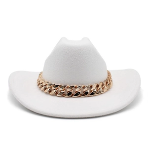 Fedora Hat Wool Felt Wide Brim Western Cowboy With Thick Golden Chain Retro Fashion Unisex Jazz Hat Elegant