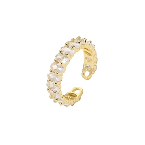 Detailed view of adjustable gold-plated ring set with sparkling oval white zircons