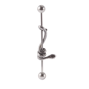 Industrial barbell piercing in stainless steel featuring a detailed silver snake design