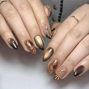 Cat Eye Press On Nails With 3D Shell Relief Artificial Pearl Gold Foil French Style Almond Shape Detachable Fake Nails