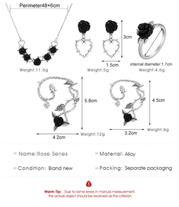 Detailed view of Gothic black rose jewelry set with dimensions and material specs