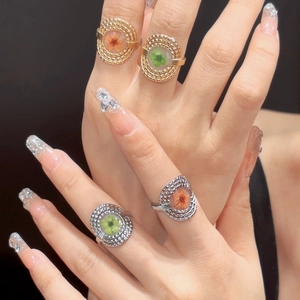 Vintage hollow adjustable rings with real dried flowers in green and orange resin