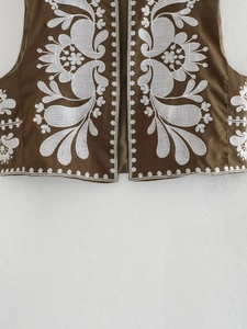 Bohemian dark brown floral embroidery sleeveless vest jacket for women in retro ethnic style