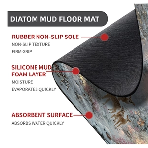 Detail of three-layer diatom mud bath mat showing rubber anti-slip base and forest pattern
