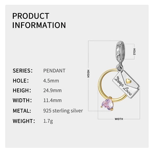 Detailed size specifications for 925 sterling silver envelope pendant with gold heart