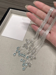 Detail of S925 silver necklace with blue teardrop pendants and adjustable beads