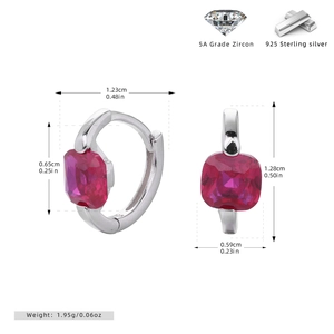 Detail view of S925 sterling silver hoop earrings featuring red square zircon and measurements