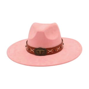 Pink wide brim fedora with brown leather band and vintage metal bull head buckle