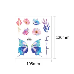 Colorful glitter butterfly and floral temporary tattoo stickers in watercolor style