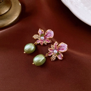 Vintage Pink Flower Dangle Earrings With 925 Sterling Silver Earring Post Copper Enamel Rhinestone Faux Artificial Pearl For Women