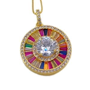 Retro gold pendant necklace with colorful rectangular gemstones and clear central stone
