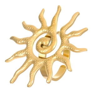 Macro shot of 18k gold stainless steel ring with spiral sunburst and hammered texture