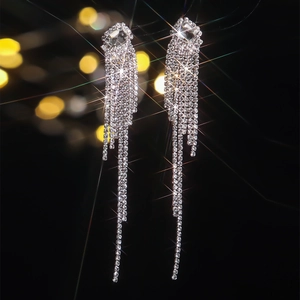 Luxury sparkling rhinestone long fringe earrings with silver-white zircon for formal occasions