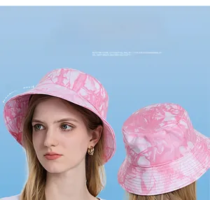 Detail of pink tie-dye bucket hat with 6cm brim for sun protection and breathable cotton