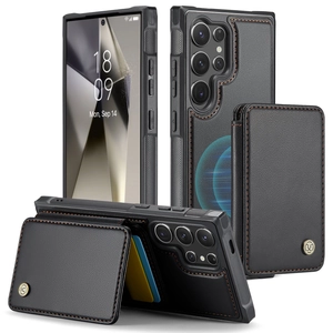 Black leather Samsung S24 Ultra case with detachable magnetic wallet and kickstand