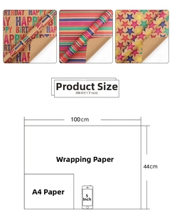 Detailed size map showing 100x44cm Happy Birthday wrapping paper with A4 scale reference