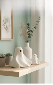 Close-up van matte witte keramische spookbeeldjes op een houten plank met planten