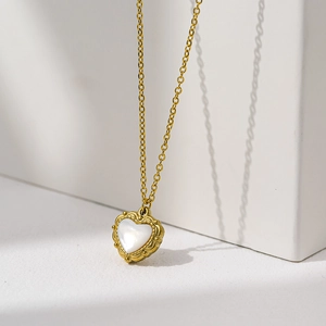 Heart Pendant Necklace For Women Stainless Steel Gold Plated White Shell Mother Of Artificial Pearl Vintage French Style Jewelry