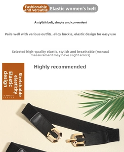Close-up of black elastic belt with a golden geometric alloy buckle for women