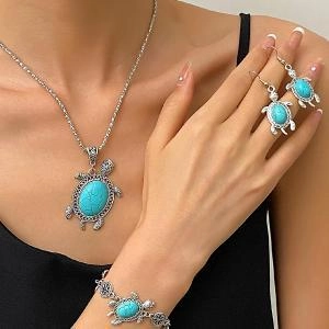 Bohemian silver turtle jewelry set with turquoise necklace, bracelet and earrings