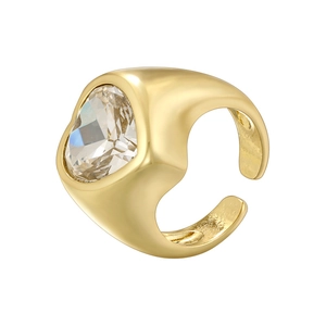 Irregular gold plated open ring featuring a large faceted clear heart shaped crystal