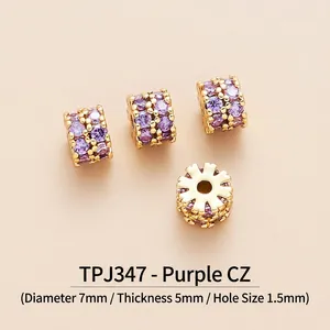 Detail of 7mm brass beads with purple zircon pavé and 1.5mm hole for DIY jewelry