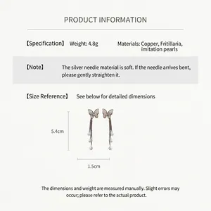 Diagrama detallado de pendientes de mariposa y perla con medidas y especificaciones