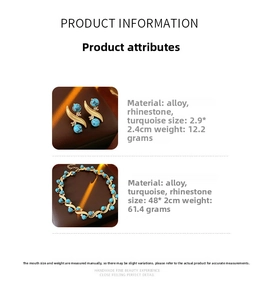 Detailed view of turquoise and rhinestone jewelry set with precise size and weight specs