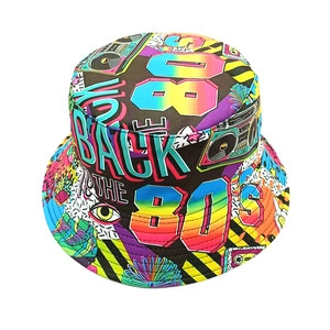 Top view of bucket hat with 80s retro pop art prints and colorful graphics