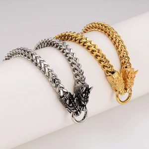 Mens stainless steel double dragon head necklaces in gold and silver hip hop style