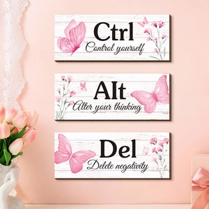 Pink butterfly wooden wall decor set featuring Ctrl, Alt, Del motivational phrases
