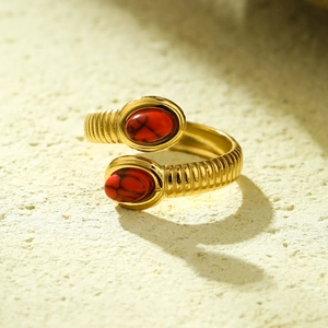 Minimalist gold stainless steel ring featuring two oval red stones with retro texture