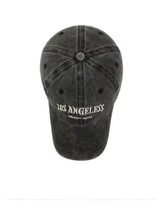 Detailed top view of a vintage dark gray washed denim baseball cap with embroidery