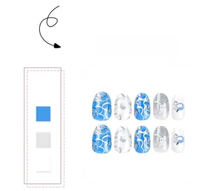 Detail of short round press-on nails with blue, white, silver glitter and pearl accents