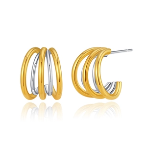 Two-tone gold and silver multi-layer C-shaped stud earrings in a polished 18K gold finish
