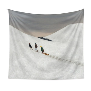 Detail of winter snow scene tapestry showing fabric texture and illustrated characters