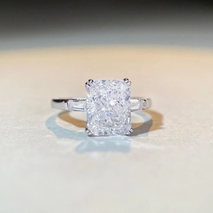 S925 silver radiant ice flower cut ring with high carbon diamond and tapered side stones