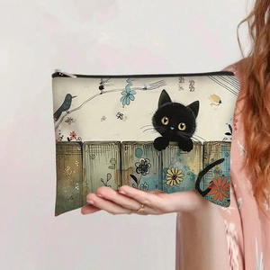 Large capacity canvas pencil pouch featuring a cute black cat and floral illustration