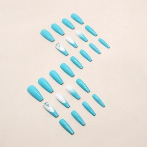 Long ballet press-on nails in turquoise blue with gradient white tips and blue rhinestones