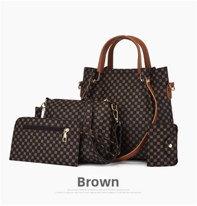 Brown four-piece handbag set featuring tote, crossbody, clutch and wallet in vintage print