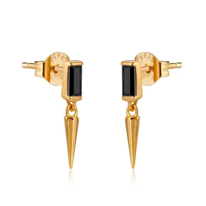 S925 silver punk gold cone earrings with black zircon stones and Ag925 hallmark