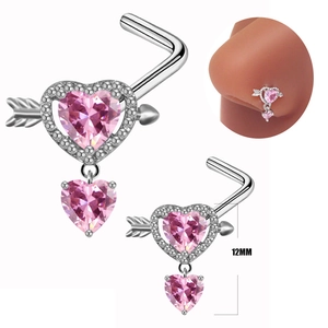 L-shaped surgical steel nose stud with pink heart zircon and 12mm size measurement