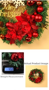Detailed Christmas wreath with red ornaments and Merry Christmas sign, weighing 458 grams