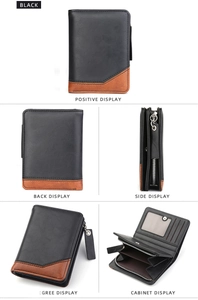 Multi-angle view of men's vintage leather wallet with card slots and zipper pocket