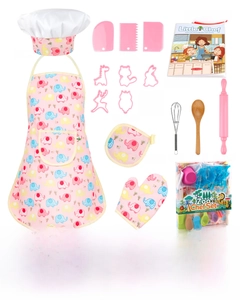 Detailed flat lay of 17-piece kids baking set with pink elephant apron and chef hat